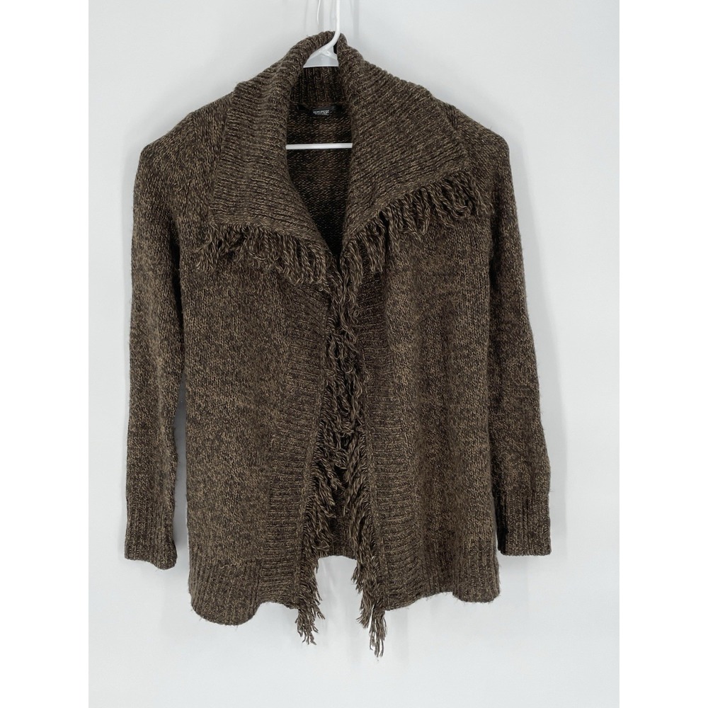 89th & Madison Med Brown‎ Cardigan Sweater Open Front Fringe Cowl Neck